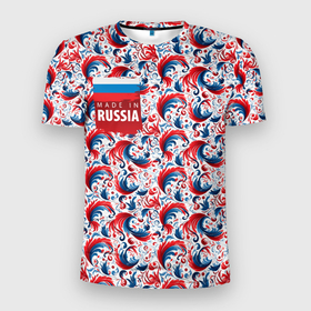 Мужская футболка 3D Slim с принтом Флаг России  и  русские узоры , 100% полиэстер с улучшенными характеристиками | приталенный силуэт, круглая горловина, широкие плечи, сужается к линии бедра | 