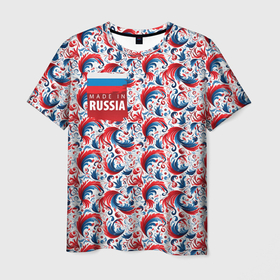 Мужская футболка 3D с принтом Флаг России  и  русские узоры в Петрозаводске, 100% полиэфир | прямой крой, круглый вырез горловины, длина до линии бедер | 