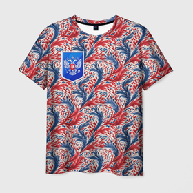 Мужская футболка 3D с принтом Герб РФ  и русские узоры в Санкт-Петербурге, 100% полиэфир | прямой крой, круглый вырез горловины, длина до линии бедер | 