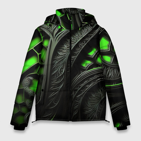 Мужская зимняя куртка 3D с принтом Green    black abstract в Петрозаводске, верх — 100% полиэстер; подкладка — 100% полиэстер; утеплитель — 100% полиэстер | длина ниже бедра, свободный силуэт Оверсайз. Есть воротник-стойка, отстегивающийся капюшон и ветрозащитная планка. 

Боковые карманы с листочкой на кнопках и внутренний карман на молнии. | Тематика изображения на принте: 