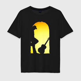 Мужская футболка хлопок Oversize с принтом Печальный гитарист в Санкт-Петербурге, 100% хлопок | свободный крой, круглый ворот, “спинка” длиннее передней части | 