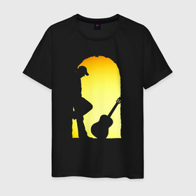 Мужская футболка хлопок с принтом Печальный гитарист , 100% хлопок | прямой крой, круглый вырез горловины, длина до линии бедер, слегка спущенное плечо. | Тематика изображения на принте: 