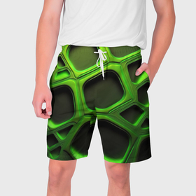 Мужские шорты 3D с принтом Объемные зеленые соты в Новосибирске,  полиэстер 100% | прямой крой, два кармана без застежек по бокам. Мягкая трикотажная резинка на поясе, внутри которой широкие завязки. Длина чуть выше колен | 