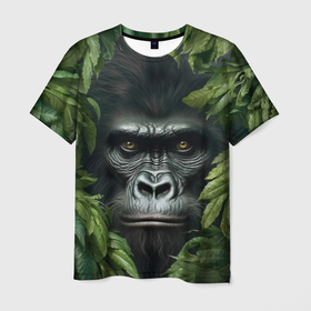 Мужская футболка 3D с принтом Горилла в джунгях в Кировске, 100% полиэфир | прямой крой, круглый вырез горловины, длина до линии бедер | 