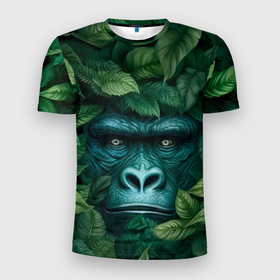 Мужская футболка 3D Slim с принтом Горилла в кустах джунгли в Белгороде, 100% полиэстер с улучшенными характеристиками | приталенный силуэт, круглая горловина, широкие плечи, сужается к линии бедра | 
