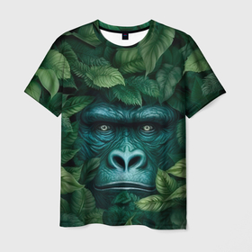 Мужская футболка 3D с принтом Горилла в кустах джунгли в Кировске, 100% полиэфир | прямой крой, круглый вырез горловины, длина до линии бедер | 