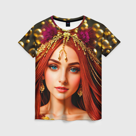 Женская футболка 3D с принтом Девушка с распущенными красными волосами в Санкт-Петербурге, 100% полиэфир ( синтетическое хлопкоподобное полотно) | прямой крой, круглый вырез горловины, длина до линии бедер | 