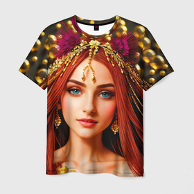Мужская футболка 3D с принтом Девушка с распущенными красными волосами в Тюмени, 100% полиэфир | прямой крой, круглый вырез горловины, длина до линии бедер | Тематика изображения на принте: 
