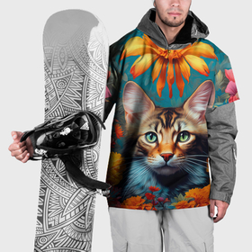 Накидка на куртку 3D с принтом Дикая кошка в цветах в Тюмени, 100% полиэстер |  | Тематика изображения на принте: 
