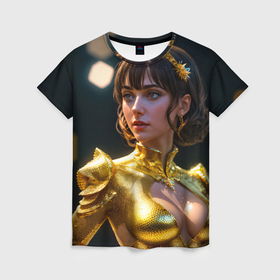 Женская футболка 3D с принтом Девушка в золотом чешуйчатом костюме в Екатеринбурге, 100% полиэфир ( синтетическое хлопкоподобное полотно) | прямой крой, круглый вырез горловины, длина до линии бедер | 
