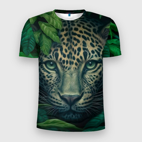 Мужская футболка 3D Slim с принтом Леопард  в джунглях в Белгороде, 100% полиэстер с улучшенными характеристиками | приталенный силуэт, круглая горловина, широкие плечи, сужается к линии бедра | 