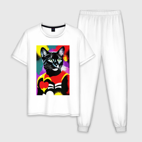 Мужская пижама хлопок с принтом Черная кошка с сердцем: поп арт   нейросеть в Белгороде, 100% хлопок | брюки и футболка прямого кроя, без карманов, на брюках мягкая резинка на поясе и по низу штанин
 | 