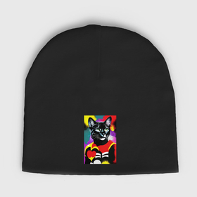 Мужская шапка демисезонная с принтом Черная кошка с сердцем: поп арт   нейросеть в Кировске,  |  | Тематика изображения на принте: 