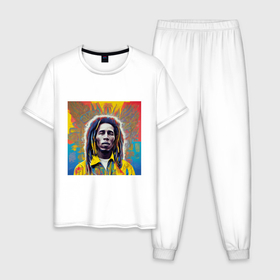 Мужская пижама хлопок с принтом Bob Marley blue yellow graffity Art , 100% хлопок | брюки и футболка прямого кроя, без карманов, на брюках мягкая резинка на поясе и по низу штанин
 | Тематика изображения на принте: 