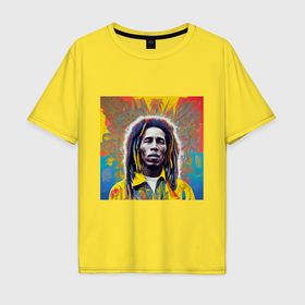 Мужская футболка хлопок Oversize с принтом Bob Marley blue yellow graffity Art в Кировске, 100% хлопок | свободный крой, круглый ворот, “спинка” длиннее передней части | 