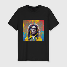 Мужская футболка хлопок Slim с принтом Bob Marley blue yellow graffity Art , 92% хлопок, 8% лайкра | приталенный силуэт, круглый вырез ворота, длина до линии бедра, короткий рукав | 
