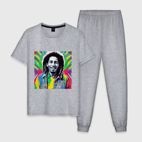 Мужская пижама хлопок с принтом Боб Марли граффити цветастной взрыв в Тюмени, 100% хлопок | брюки и футболка прямого кроя, без карманов, на брюках мягкая резинка на поясе и по низу штанин
 | 