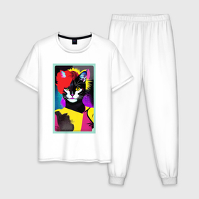 Мужская пижама хлопок с принтом Lady cat   pop art   neural network в Екатеринбурге, 100% хлопок | брюки и футболка прямого кроя, без карманов, на брюках мягкая резинка на поясе и по низу штанин
 | Тематика изображения на принте: 