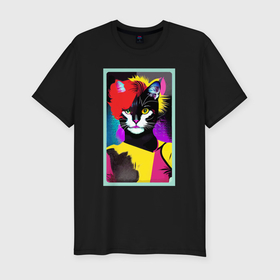 Мужская футболка хлопок Slim с принтом Lady cat   pop art   neural network в Екатеринбурге, 92% хлопок, 8% лайкра | приталенный силуэт, круглый вырез ворота, длина до линии бедра, короткий рукав | 