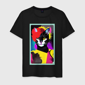Мужская футболка хлопок с принтом Lady cat   pop art   neural network в Екатеринбурге, 100% хлопок | прямой крой, круглый вырез горловины, длина до линии бедер, слегка спущенное плечо. | 