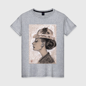 Женская футболка хлопок с принтом Одри Хепбёрн в Петрозаводске, 100% хлопок | прямой крой, круглый вырез горловины, длина до линии бедер, слегка спущенное плечо | 