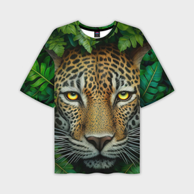Мужская футболка oversize 3D с принтом Леопард в джунглях выглядывает из кустов в Петрозаводске,  |  | Тематика изображения на принте: 