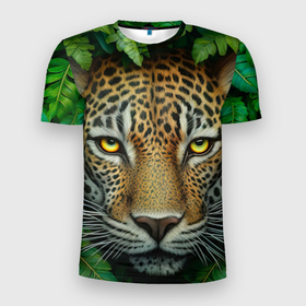 Мужская футболка 3D Slim с принтом Леопард в джунглях выглядывает из кустов в Белгороде, 100% полиэстер с улучшенными характеристиками | приталенный силуэт, круглая горловина, широкие плечи, сужается к линии бедра | 