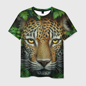 Мужская футболка 3D с принтом Леопард в джунглях выглядывает из кустов в Петрозаводске, 100% полиэфир | прямой крой, круглый вырез горловины, длина до линии бедер | Тематика изображения на принте: 