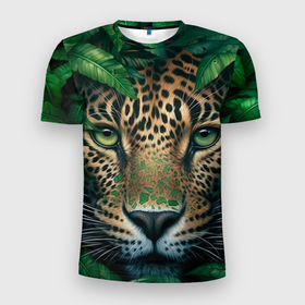 Мужская футболка 3D Slim с принтом Пятнистый леопард в кустах в Белгороде, 100% полиэстер с улучшенными характеристиками | приталенный силуэт, круглая горловина, широкие плечи, сужается к линии бедра | Тематика изображения на принте: 