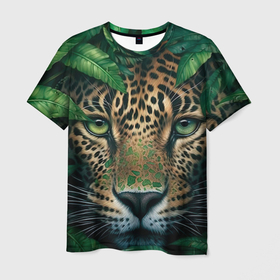 Мужская футболка 3D с принтом Пятнистый леопард в кустах в Белгороде, 100% полиэфир | прямой крой, круглый вырез горловины, длина до линии бедер | Тематика изображения на принте: 