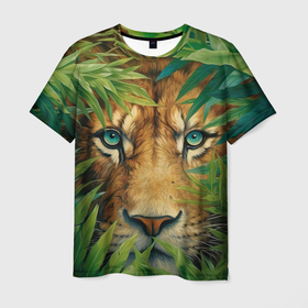 Мужская футболка 3D с принтом Лев в   джунглях в Петрозаводске, 100% полиэфир | прямой крой, круглый вырез горловины, длина до линии бедер | 