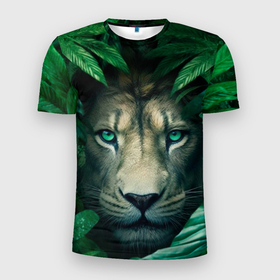 Мужская футболка 3D Slim с принтом Лев в  джунглях в Белгороде, 100% полиэстер с улучшенными характеристиками | приталенный силуэт, круглая горловина, широкие плечи, сужается к линии бедра | 