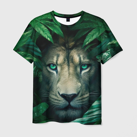 Мужская футболка 3D с принтом Лев в  джунглях в Санкт-Петербурге, 100% полиэфир | прямой крой, круглый вырез горловины, длина до линии бедер | 