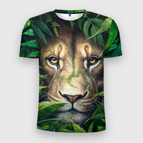 Мужская футболка 3D Slim с принтом Лев в диких джунглях в Петрозаводске, 100% полиэстер с улучшенными характеристиками | приталенный силуэт, круглая горловина, широкие плечи, сужается к линии бедра | 
