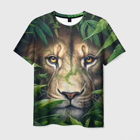 Мужская футболка 3D с принтом Лев в диких джунглях в Санкт-Петербурге, 100% полиэфир | прямой крой, круглый вырез горловины, длина до линии бедер | 