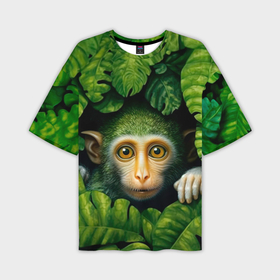 Мужская футболка oversize 3D с принтом Маленькая обезьянка в листьях в Санкт-Петербурге,  |  | 