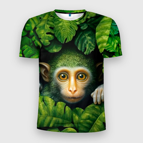 Мужская футболка 3D Slim с принтом Маленькая обезьянка в листьях в Петрозаводске, 100% полиэстер с улучшенными характеристиками | приталенный силуэт, круглая горловина, широкие плечи, сужается к линии бедра | 