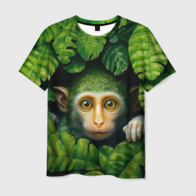 Мужская футболка 3D с принтом Маленькая обезьянка в листьях в Новосибирске, 100% полиэфир | прямой крой, круглый вырез горловины, длина до линии бедер | 