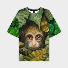 Мужская футболка oversize 3D с принтом Маленькая обезьянка  в листьях в Санкт-Петербурге,  |  | Тематика изображения на принте: 