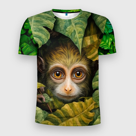 Мужская футболка 3D Slim с принтом Маленькая обезьянка  в листьях в Петрозаводске, 100% полиэстер с улучшенными характеристиками | приталенный силуэт, круглая горловина, широкие плечи, сужается к линии бедра | 