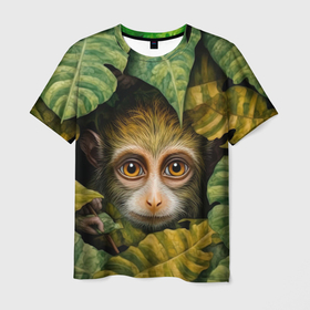 Мужская футболка 3D с принтом Маленькая обезьянка  в листьях в Новосибирске, 100% полиэфир | прямой крой, круглый вырез горловины, длина до линии бедер | 