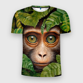 Мужская футболка 3D Slim с принтом Обезьяна в джунглях в Белгороде, 100% полиэстер с улучшенными характеристиками | приталенный силуэт, круглая горловина, широкие плечи, сужается к линии бедра | 