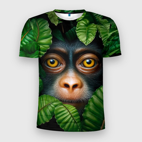 Мужская футболка 3D Slim с принтом Черная обезьянка в Петрозаводске, 100% полиэстер с улучшенными характеристиками | приталенный силуэт, круглая горловина, широкие плечи, сужается к линии бедра | 