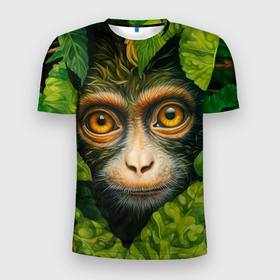 Мужская футболка 3D Slim с принтом Обезьянка   в джунгли в Белгороде, 100% полиэстер с улучшенными характеристиками | приталенный силуэт, круглая горловина, широкие плечи, сужается к линии бедра | 
