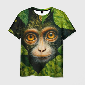 Мужская футболка 3D с принтом Обезьянка   в джунгли в Новосибирске, 100% полиэфир | прямой крой, круглый вырез горловины, длина до линии бедер | 