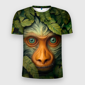 Мужская футболка 3D Slim с принтом Обезьяна  в   джунглях в Петрозаводске, 100% полиэстер с улучшенными характеристиками | приталенный силуэт, круглая горловина, широкие плечи, сужается к линии бедра | 