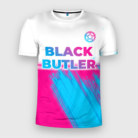 Мужская футболка 3D Slim с принтом Black Butler neon gradient style: символ сверху в Тюмени, 100% полиэстер с улучшенными характеристиками | приталенный силуэт, круглая горловина, широкие плечи, сужается к линии бедра | Тематика изображения на принте: 