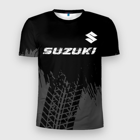 Мужская футболка 3D Slim с принтом Suzuki speed на темном фоне со следами шин: символ сверху , 100% полиэстер с улучшенными характеристиками | приталенный силуэт, круглая горловина, широкие плечи, сужается к линии бедра | 