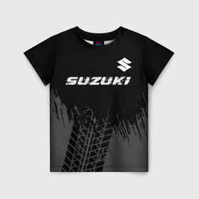 Детская футболка 3D с принтом Suzuki speed на темном фоне со следами шин: символ сверху в Екатеринбурге, 100% гипоаллергенный полиэфир | прямой крой, круглый вырез горловины, длина до линии бедер, чуть спущенное плечо, ткань немного тянется | Тематика изображения на принте: 