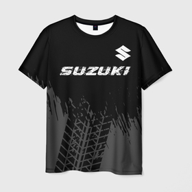 Мужская футболка 3D с принтом Suzuki speed на темном фоне со следами шин: символ сверху в Екатеринбурге, 100% полиэфир | прямой крой, круглый вырез горловины, длина до линии бедер | Тематика изображения на принте: 